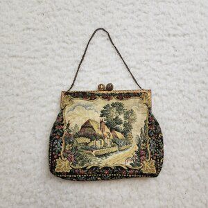 Antique Tapestry Purse Handbag Silk Lining Country River Gold Hardware Chain